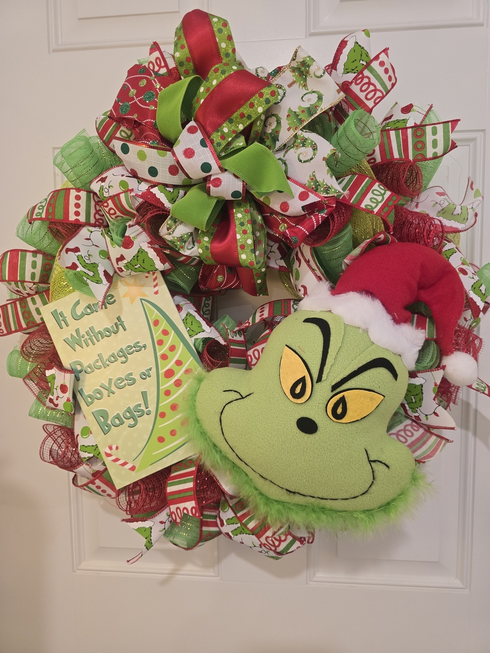 Grinch Holiday Ribbon Wreath with Plush Face Monster Christmas